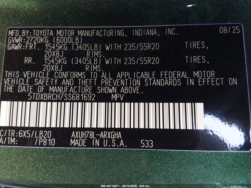 5TDXBRCH7SS681692 2025 TOYOTA HIGHLANDER HYBRID photo no. 9