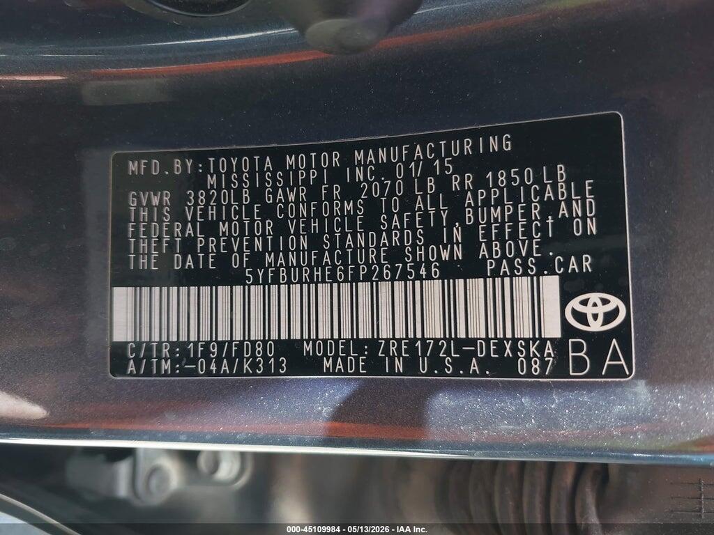 5YFBURHE6FP267546 2015 TOYOTA COROLLA photo no. 9