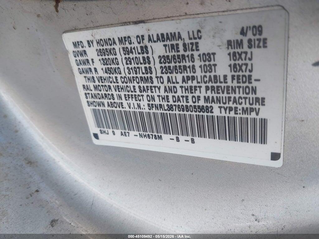5FNRL38769B055682 2009 HONDA ODYSSEY photo no. 9