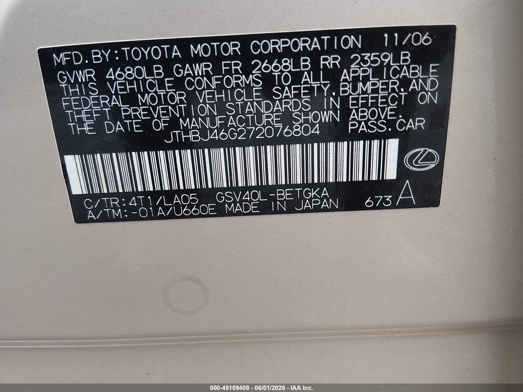 JTHBJ46G272076804 2007 LEXUS ES 350 photo no. 9