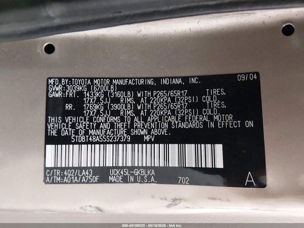 5TDBT48A55S237379 2005 TOYOTA SEQUOIA photo no. 9