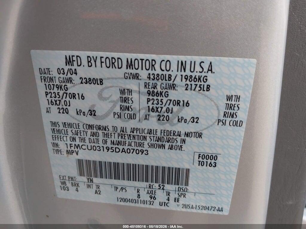 1FMCU03195DA07093 2005 FORD ESCAPE photo no. 9
