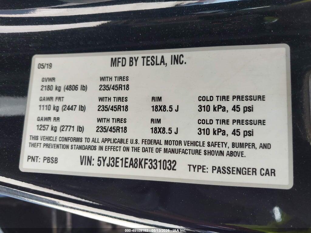 5YJ3E1EA8KF331032 2019 TESLA MODEL 3 photo no. 9