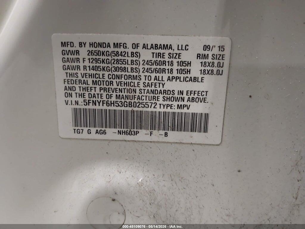 5FNYF6H53GB025572 2016 HONDA PILOT photo no. 9