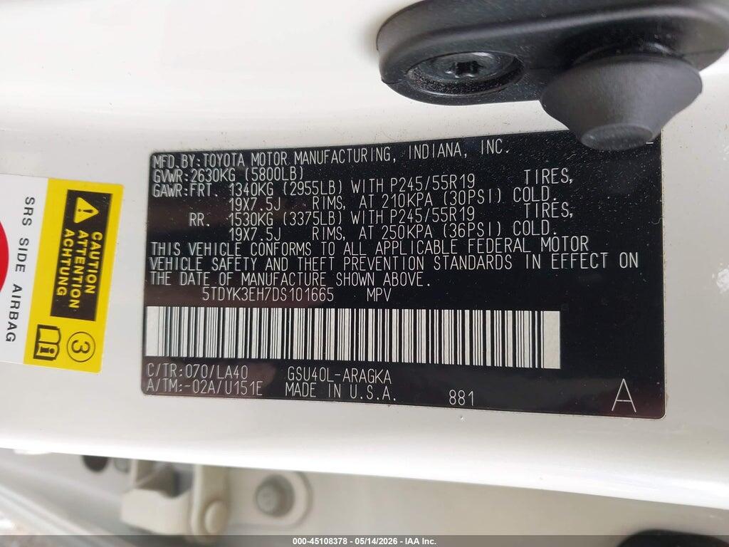 5TDYK3EH7DS101665 2013 TOYOTA HIGHLANDER photo no. 9