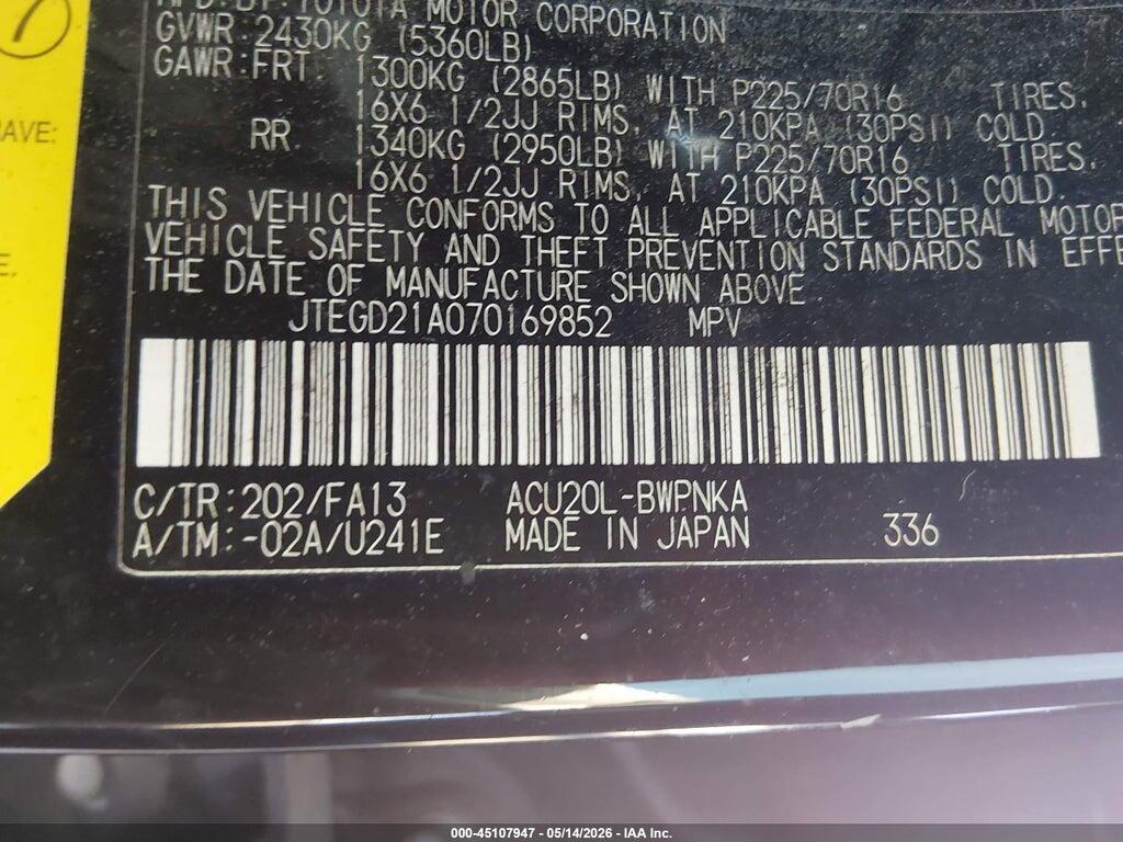 JTEGD21A070169852 2007 TOYOTA HIGHLANDER photo no. 9