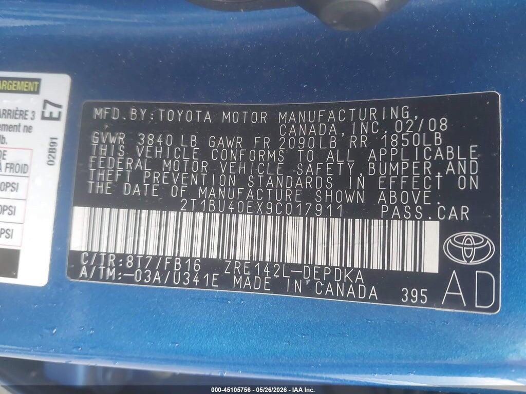 2T1BU40EX9C017911 2009 TOYOTA COROLLA photo no. 9