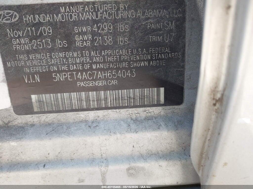 5NPET4AC7AH654043 2010 HYUNDAI SONATA photo no. 9