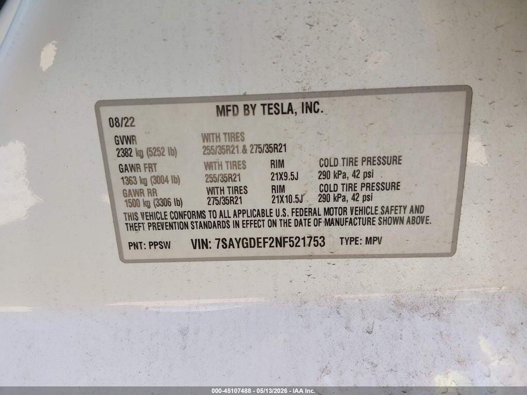 7SAYGDEF2NF521753 2022 TESLA MODEL Y photo no. 9