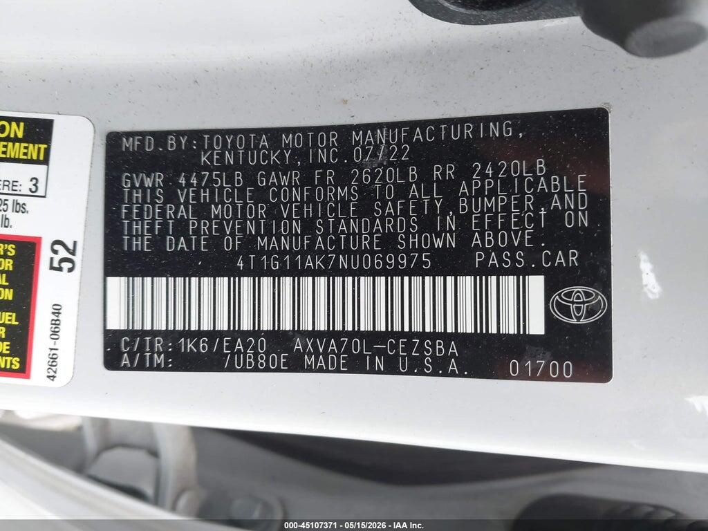 4T1G11AK7NU069975 2022 TOYOTA CAMRY photo no. 9