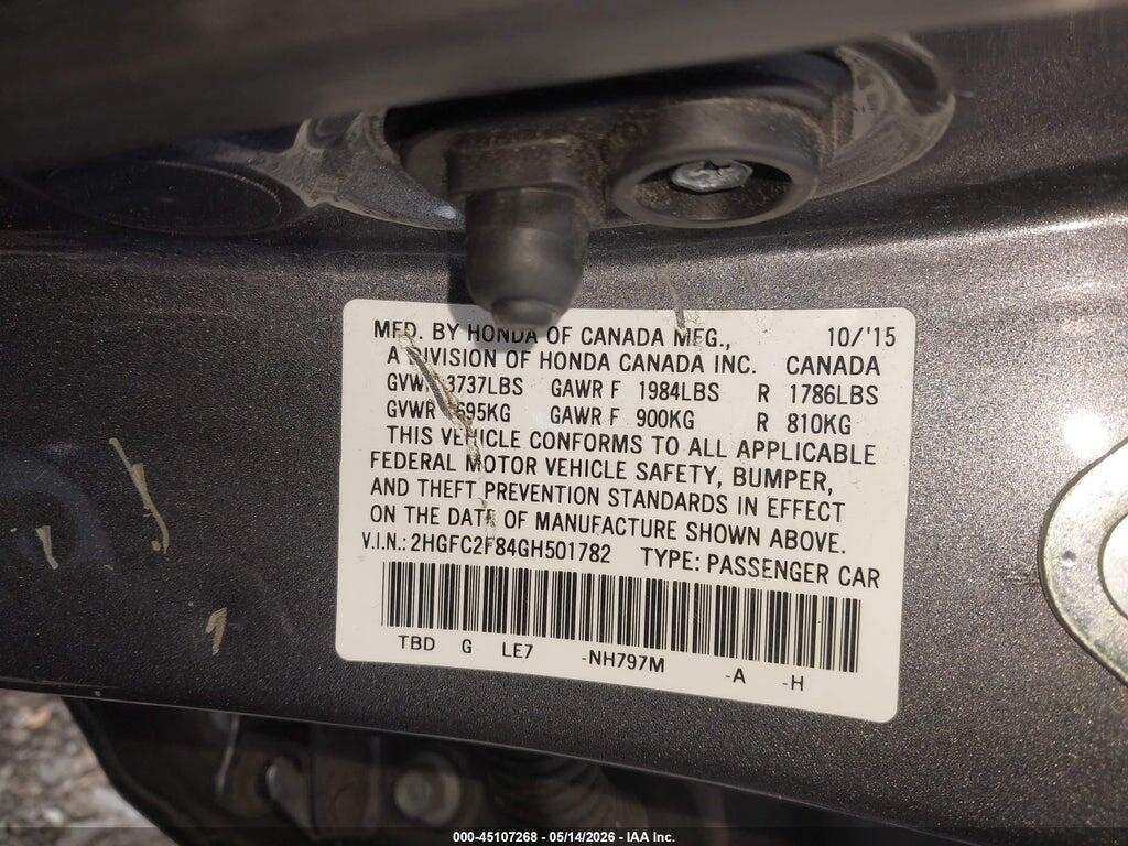2HGFC2F84GH501782 2016 HONDA CIVIC photo no. 9