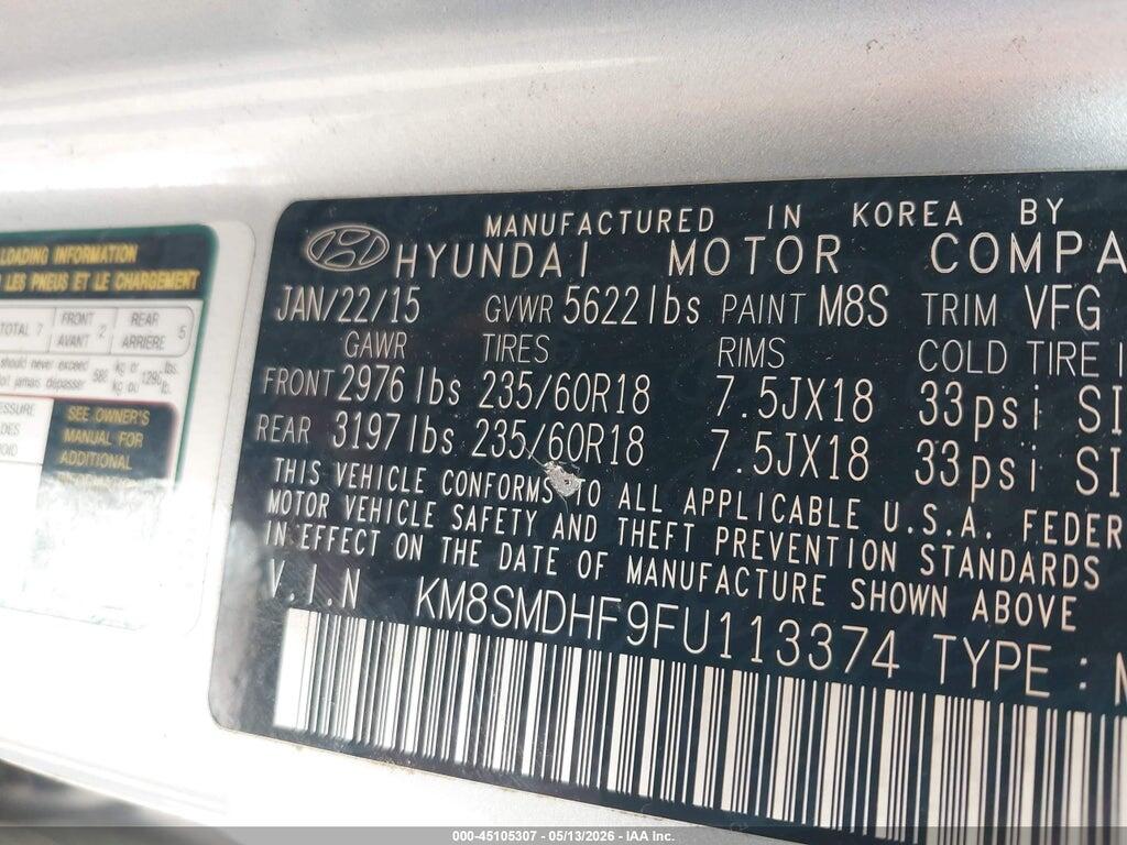 KM8SMDHF9FU113374 2015 HYUNDAI SANTA FE photo no. 9