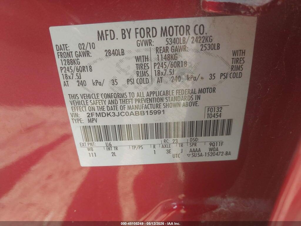 2FMDK3JC0ABB15991 2010 FORD EDGE photo no. 9
