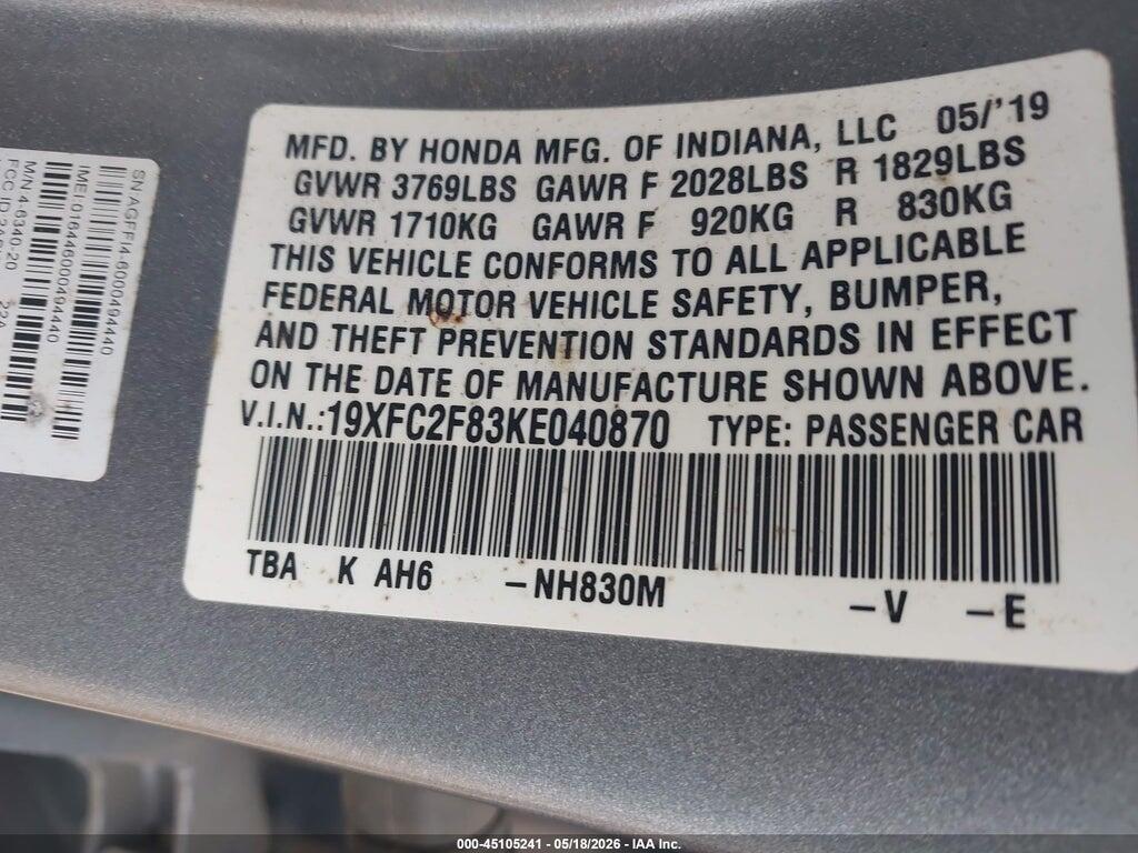 19XFC2F83KE040870 2019 HONDA CIVIC photo no. 9
