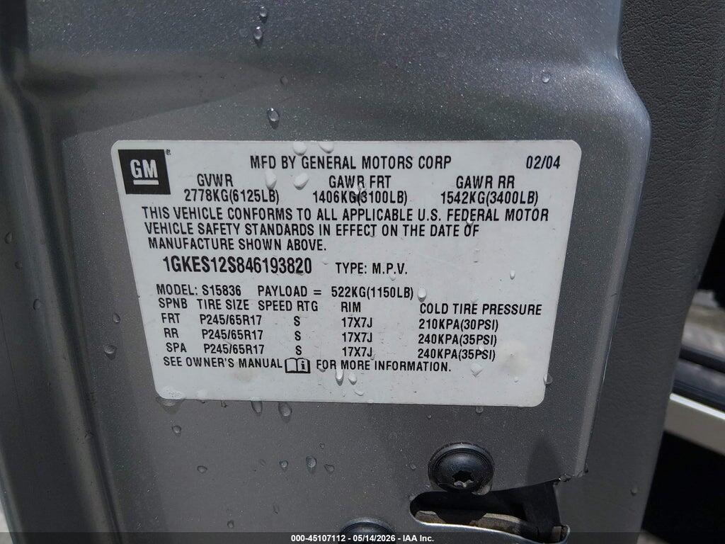 1GKES12S846193820 2004 GMC ENVOY XUV photo no. 9