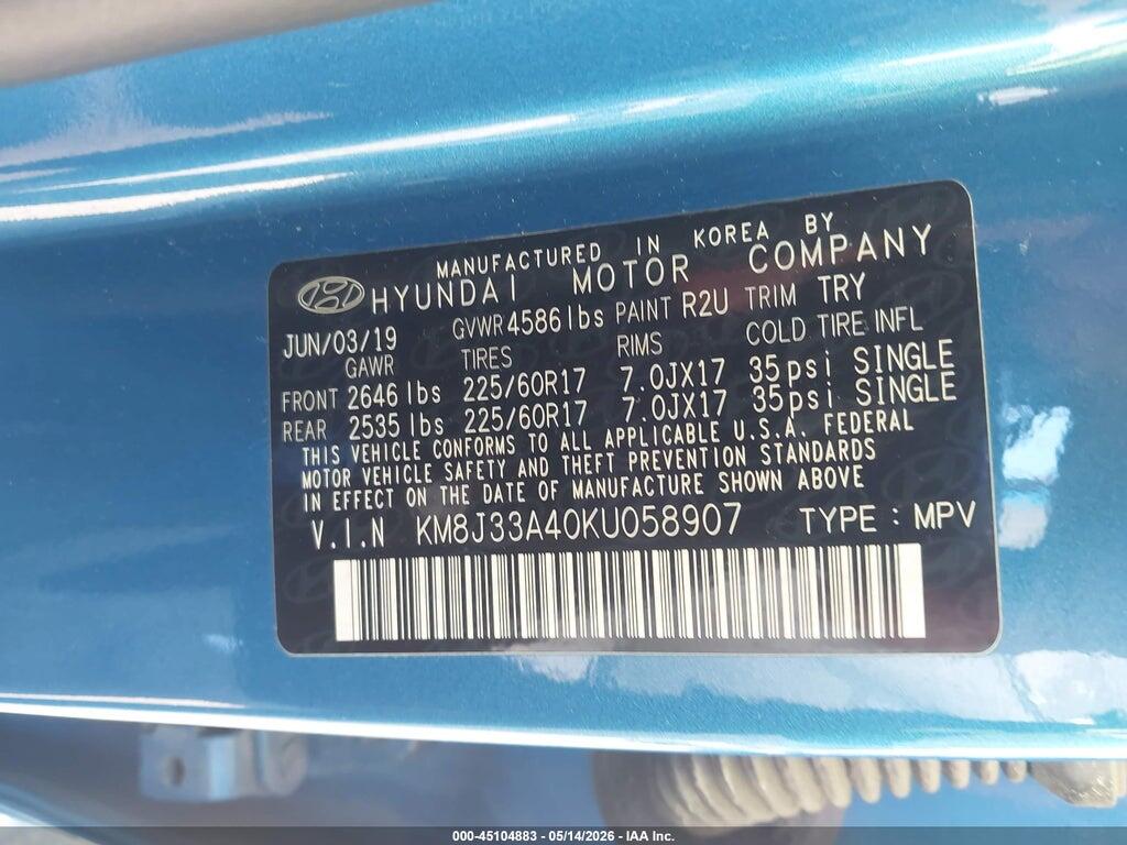 KM8J33A40KU058907 2019 HYUNDAI TUCSON photo no. 9
