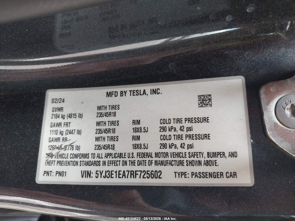 5YJ3E1EA7RF725602 2024 TESLA MODEL 3 photo no. 9