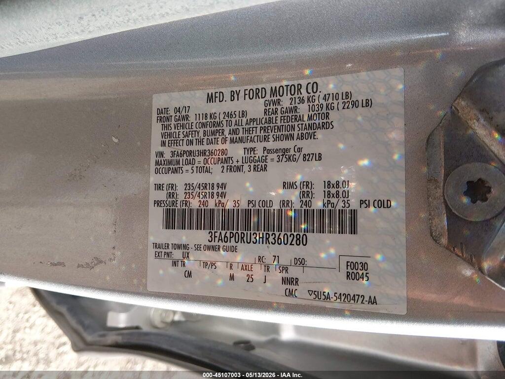3FA6P0RU3HR360280 2017 FORD FUSION HYBRID photo no. 9