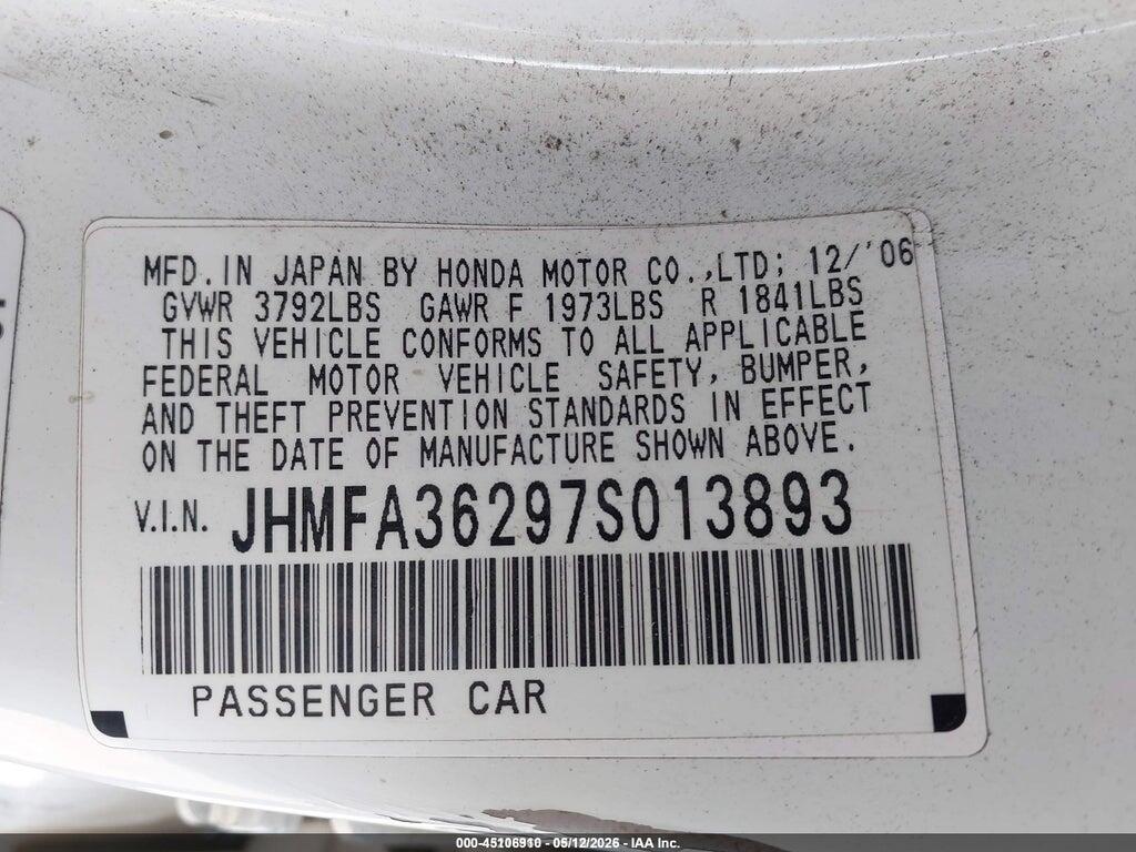 JHMFA36297S013893 2007 HONDA CIVIC HYBRID photo no. 9