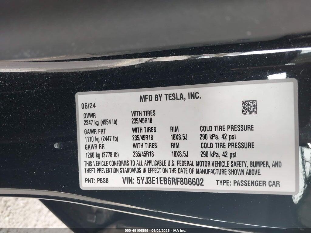 5YJ3E1EB6RF806602 2024 TESLA MODEL 3 photo no. 9