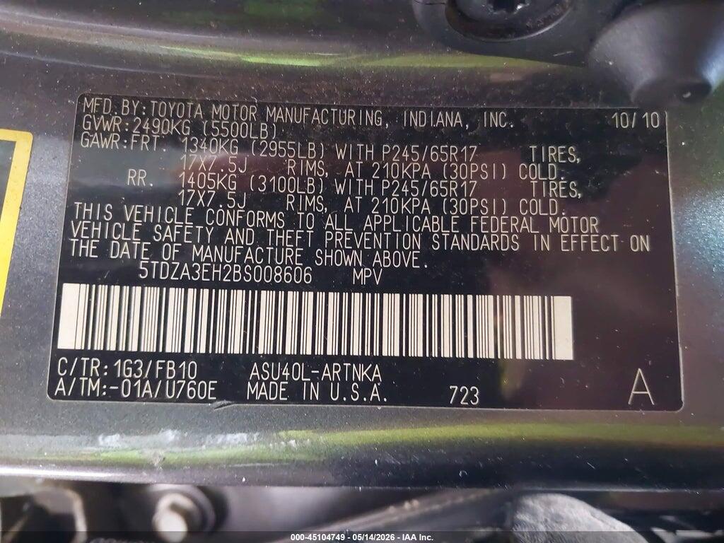 5TDZA3EH2BS008606 2011 TOYOTA HIGHLANDER photo no. 9