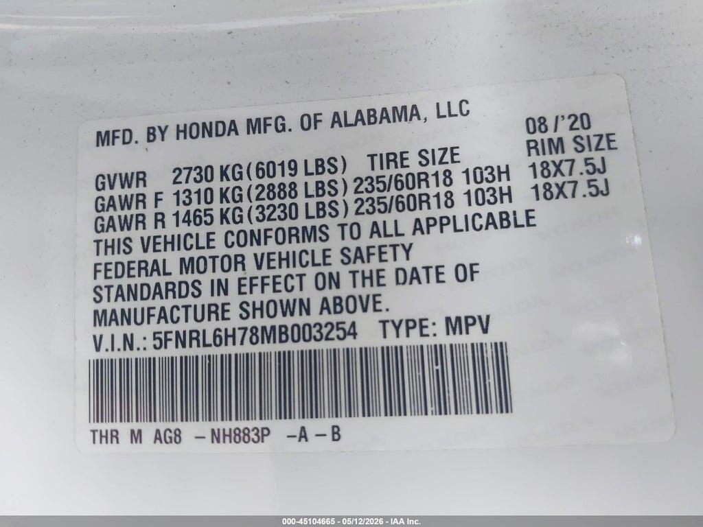 5FNRL6H78MB003254 2021 HONDA ODYSSEY photo no. 9