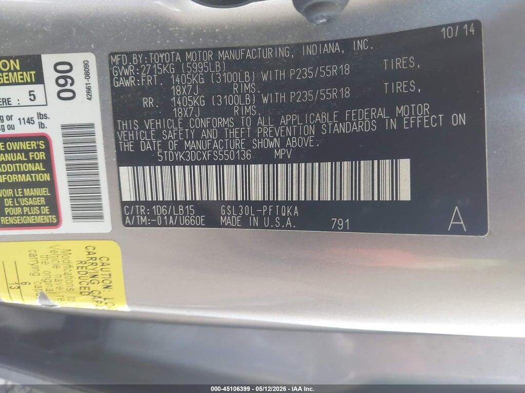 5TDYK3DCXFS550136 2015 TOYOTA SIENNA photo no. 9