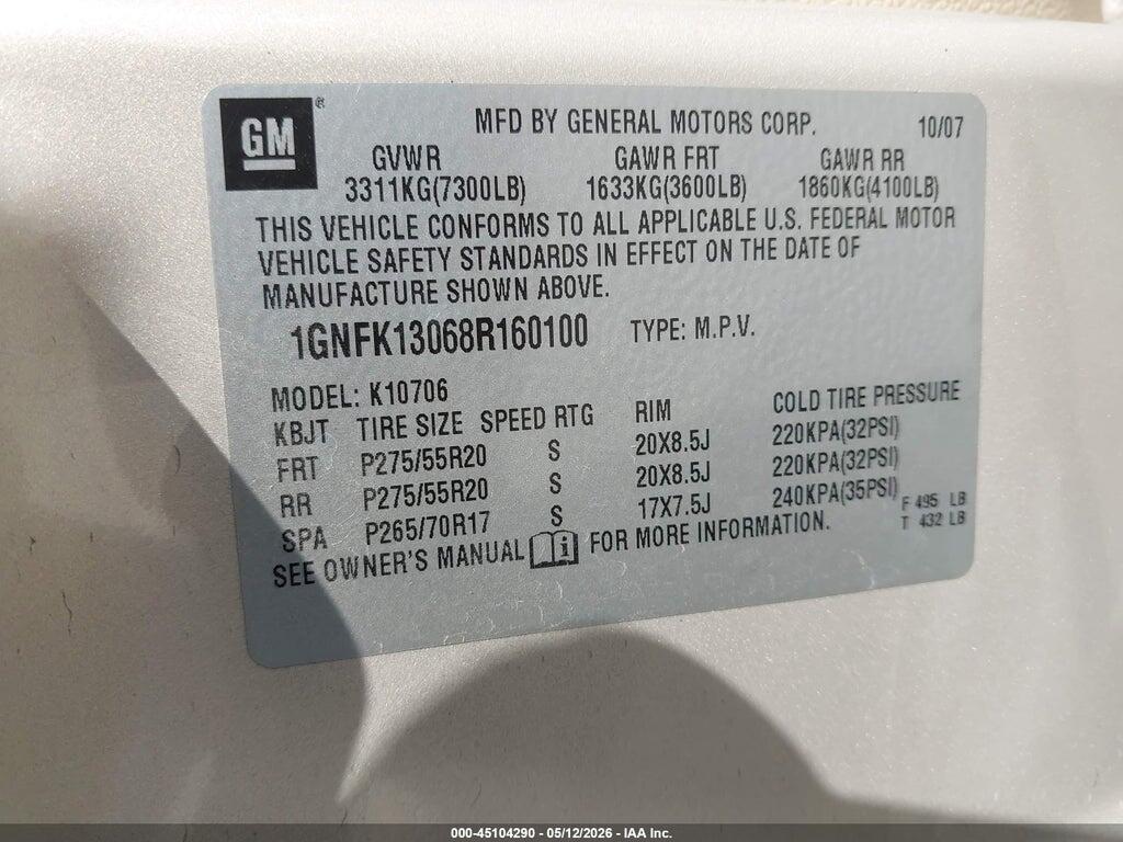 1GNFK13068R160100 2008 CHEVROLET TAHOE photo no. 9