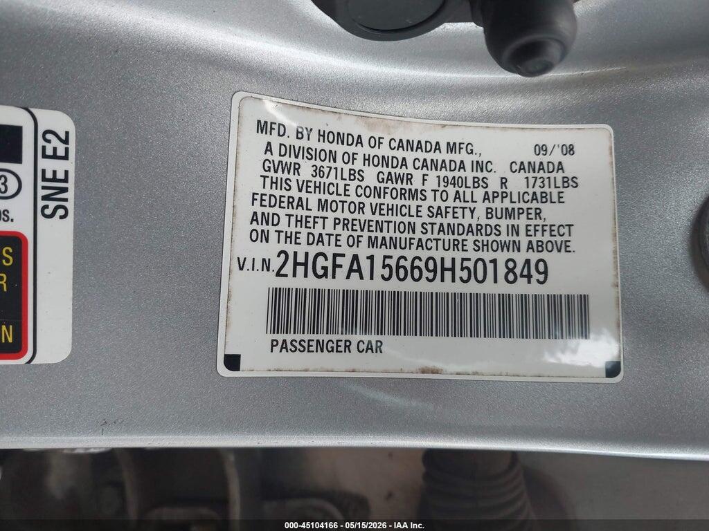 2HGFA15669H501849 2009 HONDA CIVIC photo no. 9