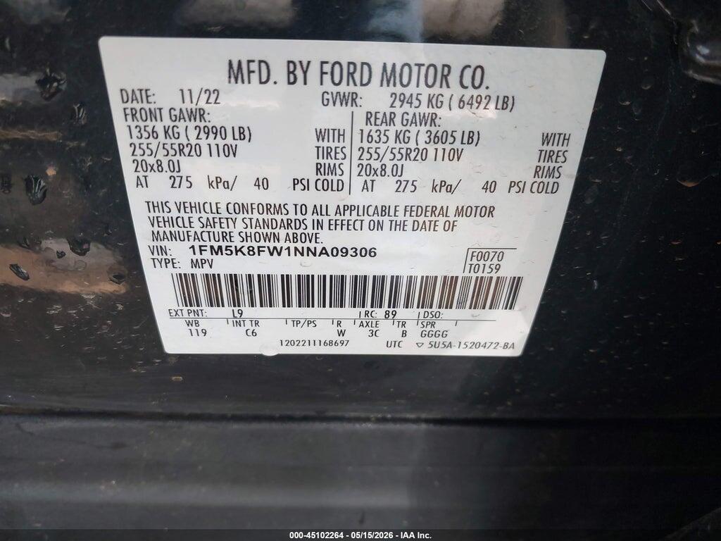 1FM5K8FW1NNA09306 2022 FORD EXPLORER photo no. 9