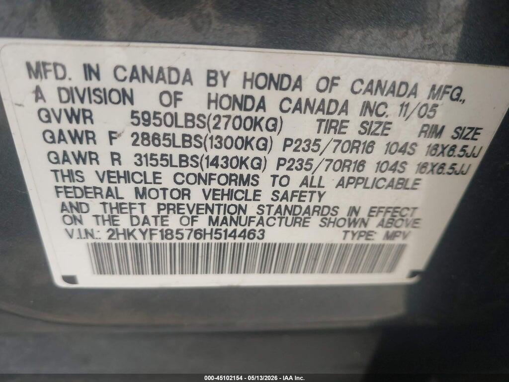 2HKYF18576H514463 2006 HONDA PILOT photo no. 9