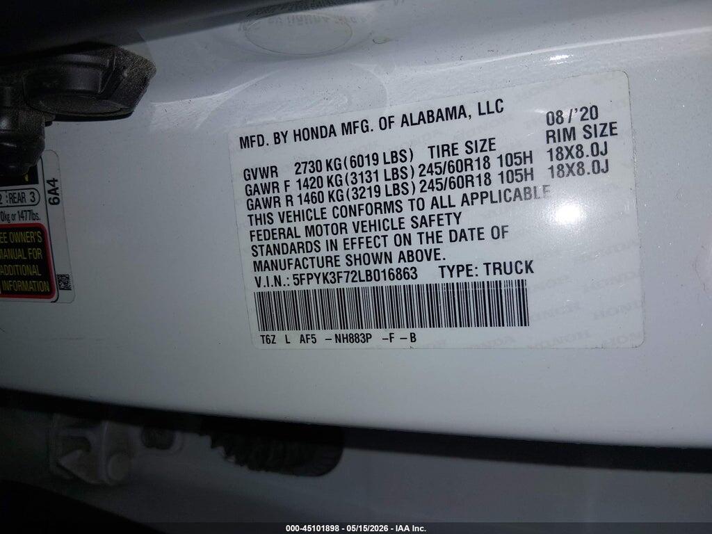 5FPYK3F72LB016863 2020 HONDA RIDGELINE photo no. 9