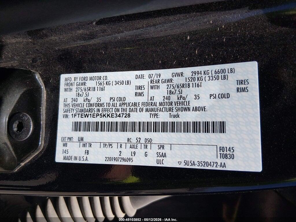 1FTEW1EP5KKE34728 2019 FORD F-150 photo no. 9