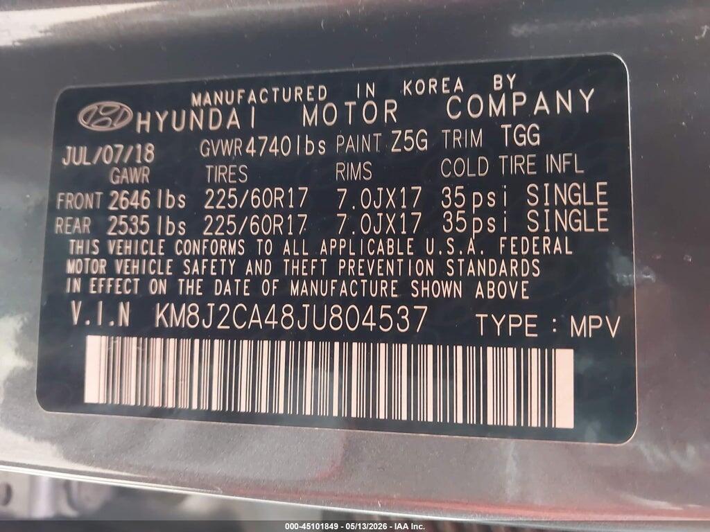 KM8J2CA48JU804537 2018 HYUNDAI TUCSON photo no. 9