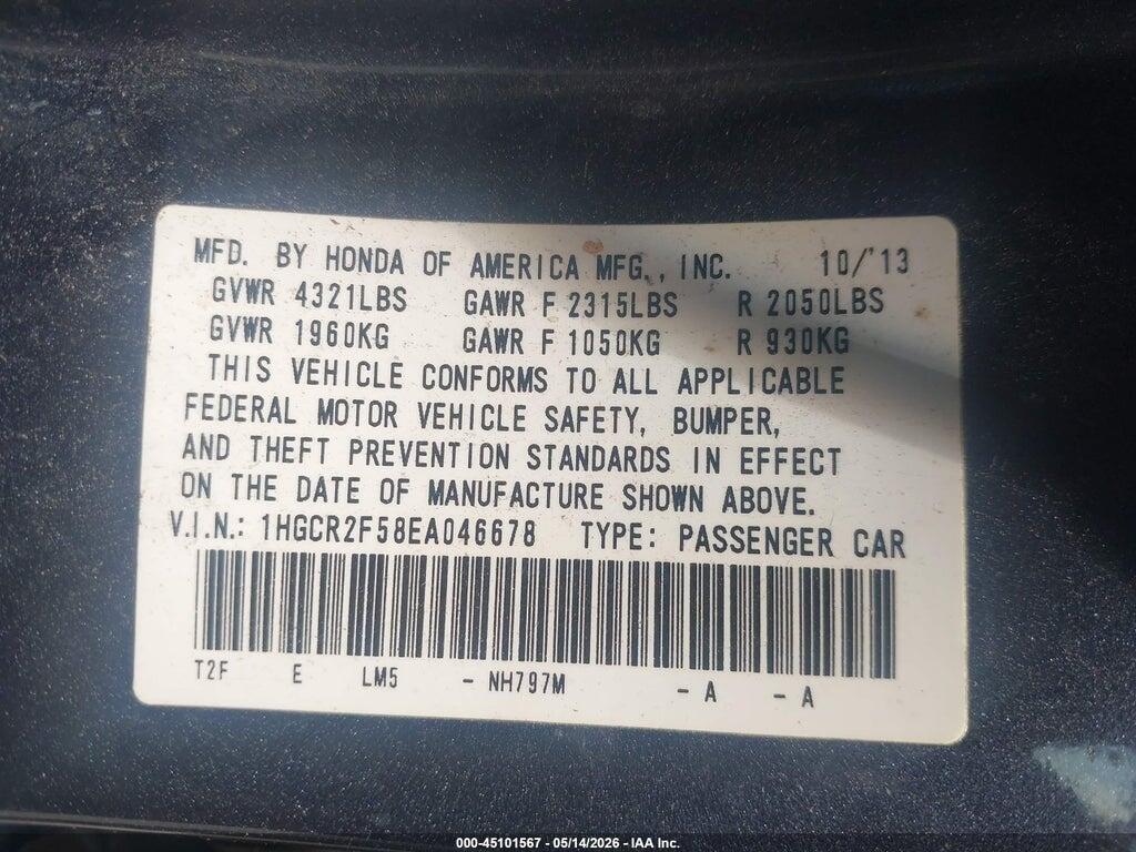 1HGCR2F58EA046678 2014 HONDA ACCORD photo no. 9