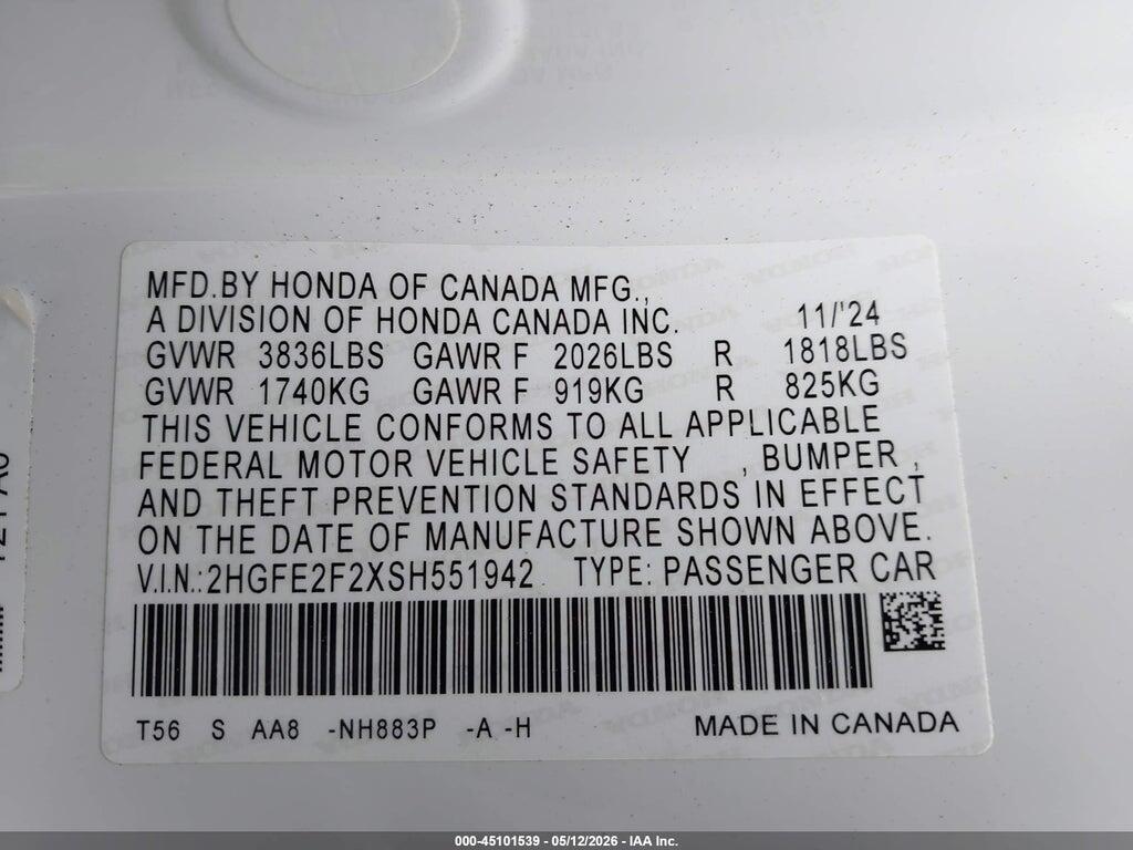 2HGFE2F2XSH551942 2025 HONDA CIVIC photo no. 9