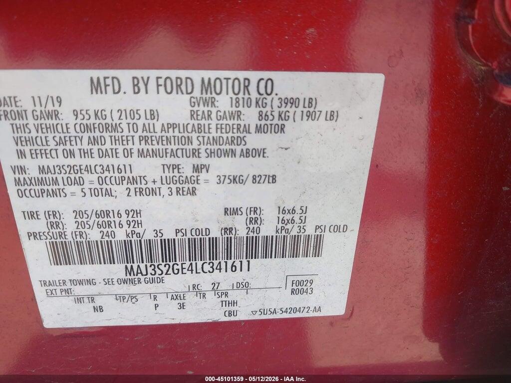 MAJ3S2GE4LC341611 2020 FORD ECOSPORT photo no. 9