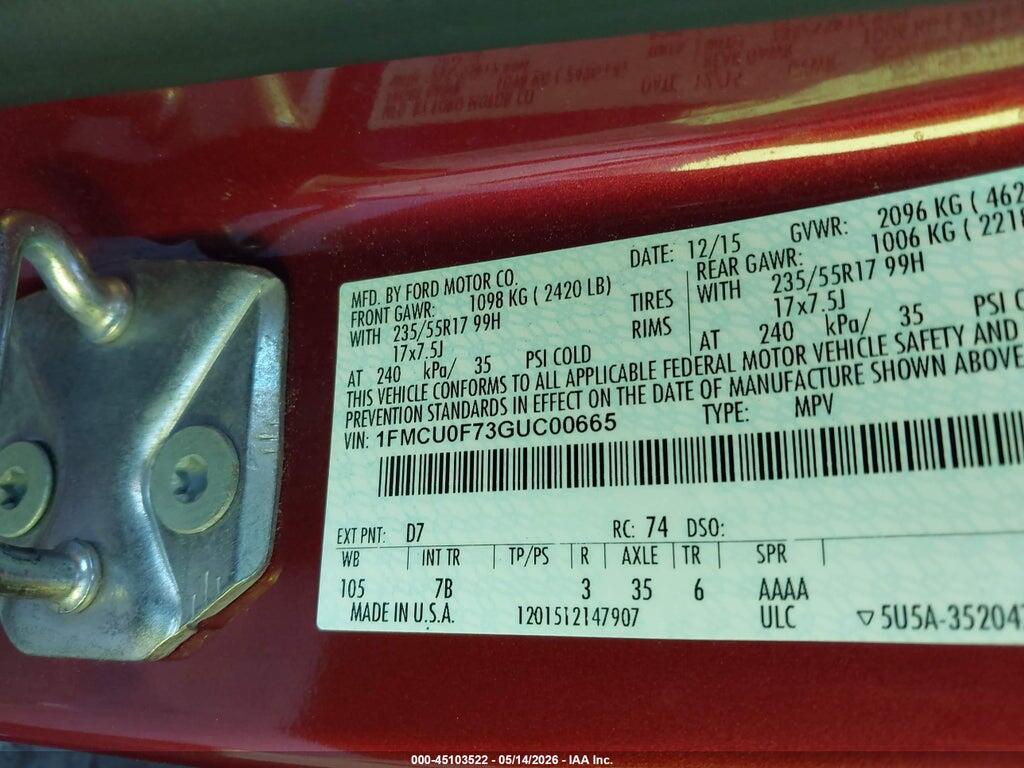 1FMCU0F73GUC00665 2016 FORD ESCAPE photo no. 9