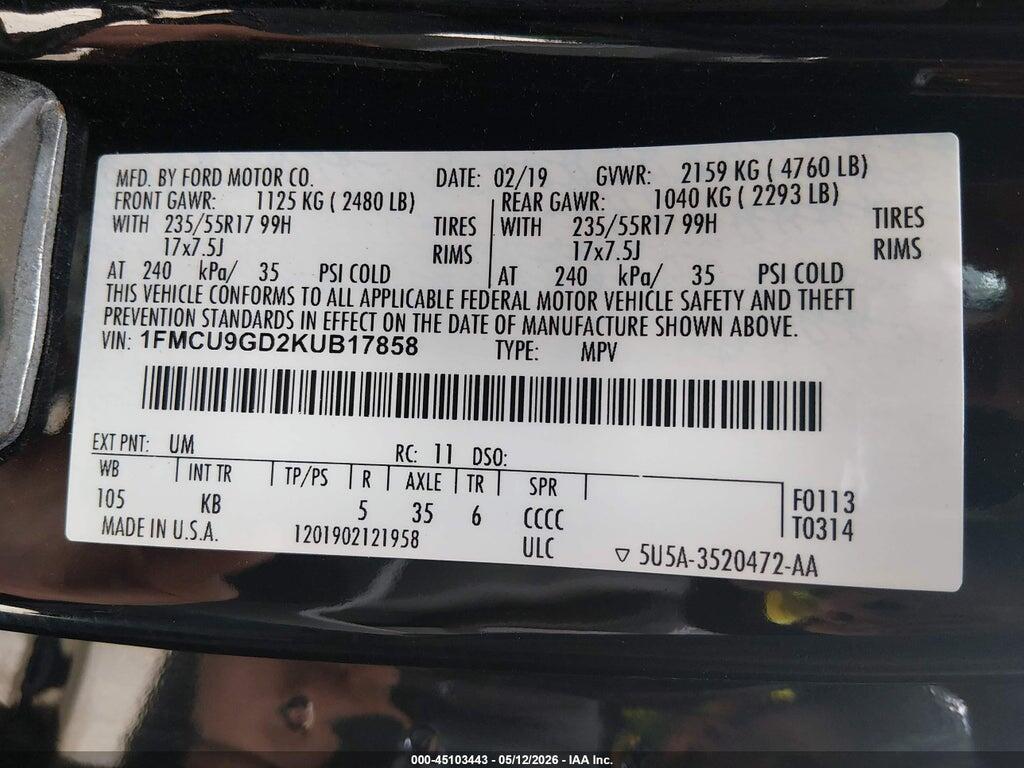 1FMCU9GD2KUB17858 2019 FORD ESCAPE photo no. 9