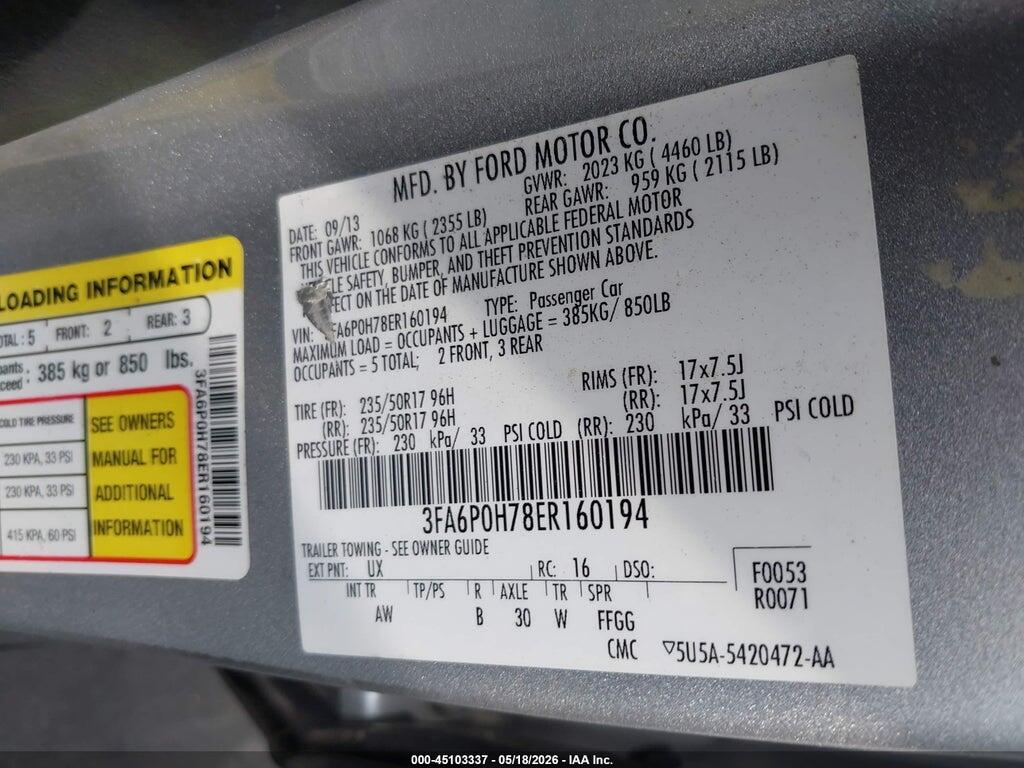 3FA6P0H78ER160194 2014 FORD FUSION photo no. 9