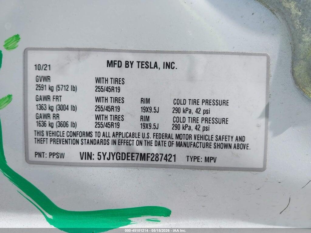 5YJYGDEE7MF287421 2021 TESLA MODEL Y photo no. 9