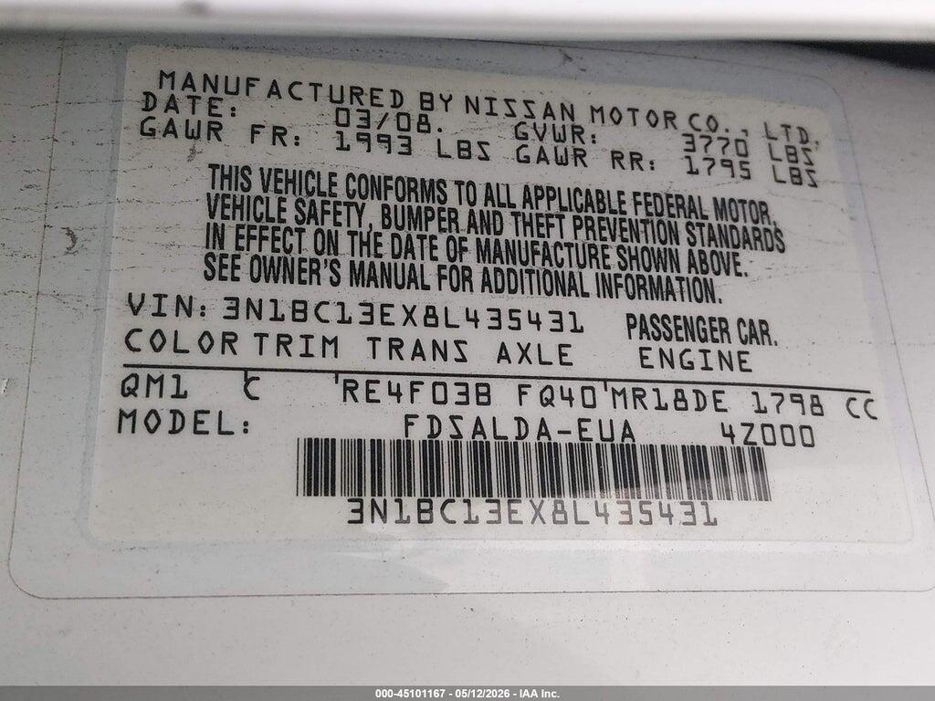 3N1BC13EX8L435431 2008 NISSAN VERSA photo no. 9