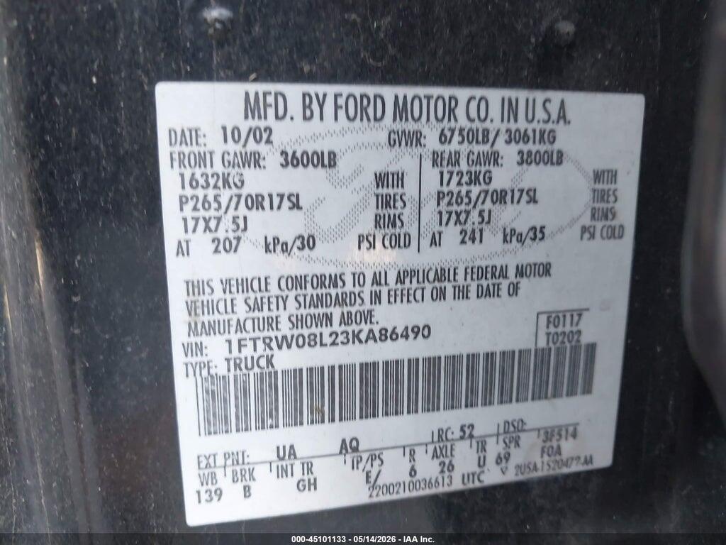 1FTRW08L23KA86490 2003 FORD F150 photo no. 9