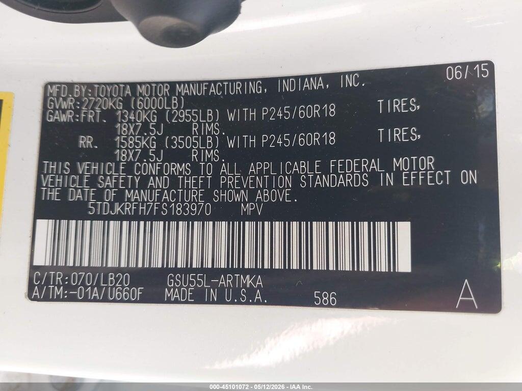 5TDJKRFH7FS183970 2015 TOYOTA HIGHLANDER photo no. 9