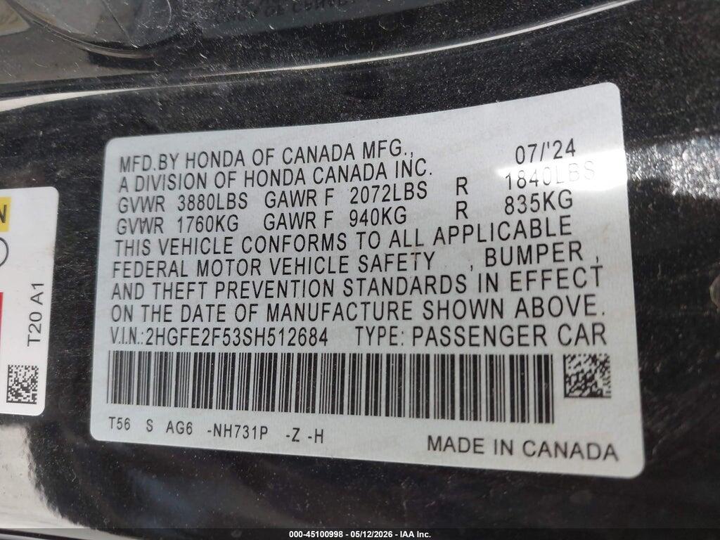 2HGFE2F53SH512684 2025 HONDA CIVIC photo no. 9
