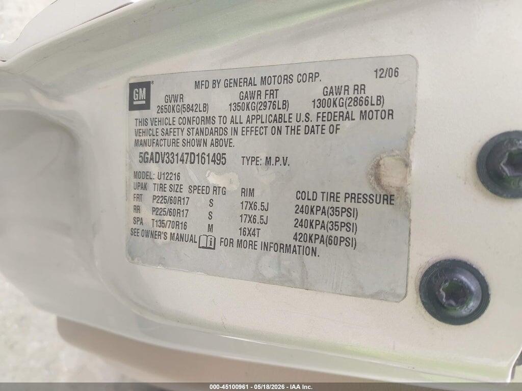 5GADV33147D161495 2007 BUICK TERRAZA photo no. 9