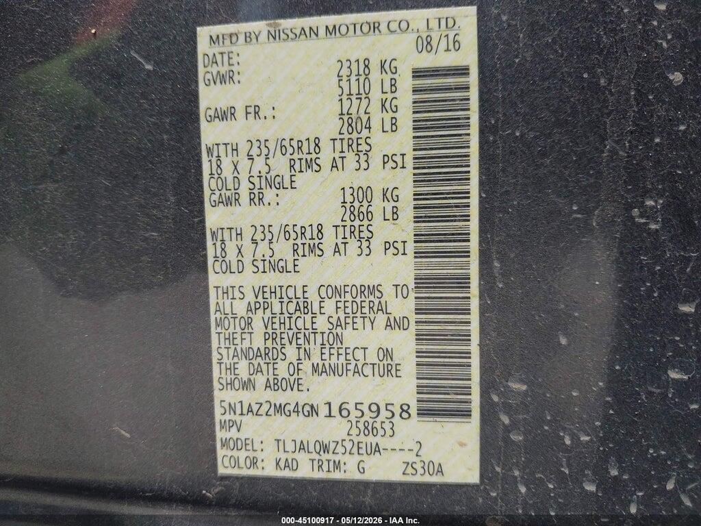 5N1AZ2MG4GN165958 2016 NISSAN MURANO photo no. 9