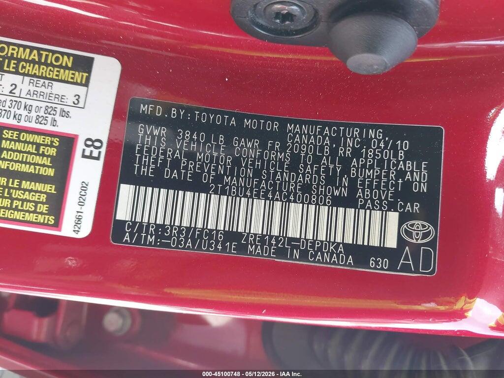 2T1BU4EE4AC400806 2010 TOYOTA COROLLA photo no. 9