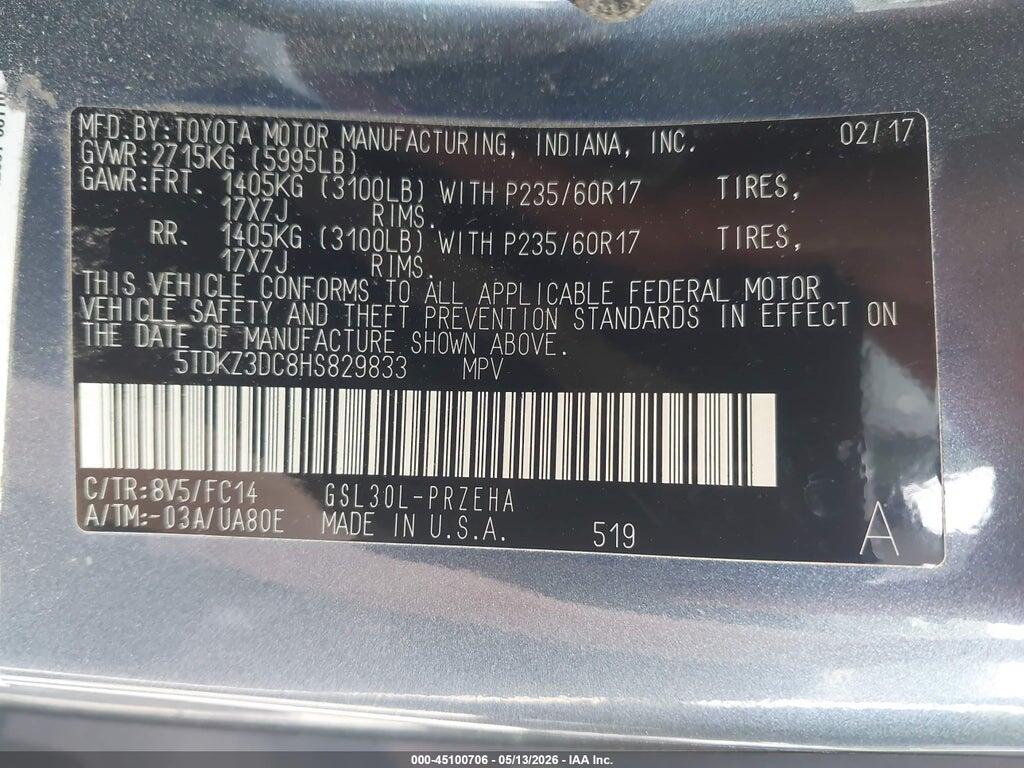 5TDKZ3DC8HS829833 2017 TOYOTA SIENNA photo no. 9