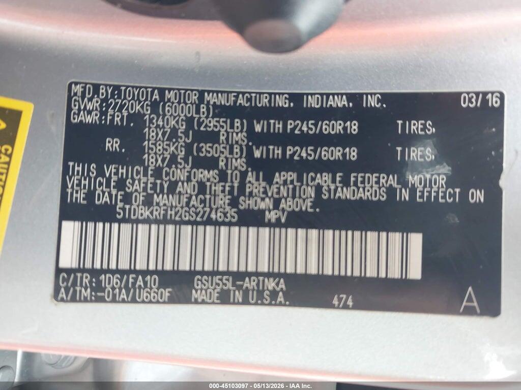 5TDBKRFH2GS274635 2016 TOYOTA HIGHLANDER photo no. 9